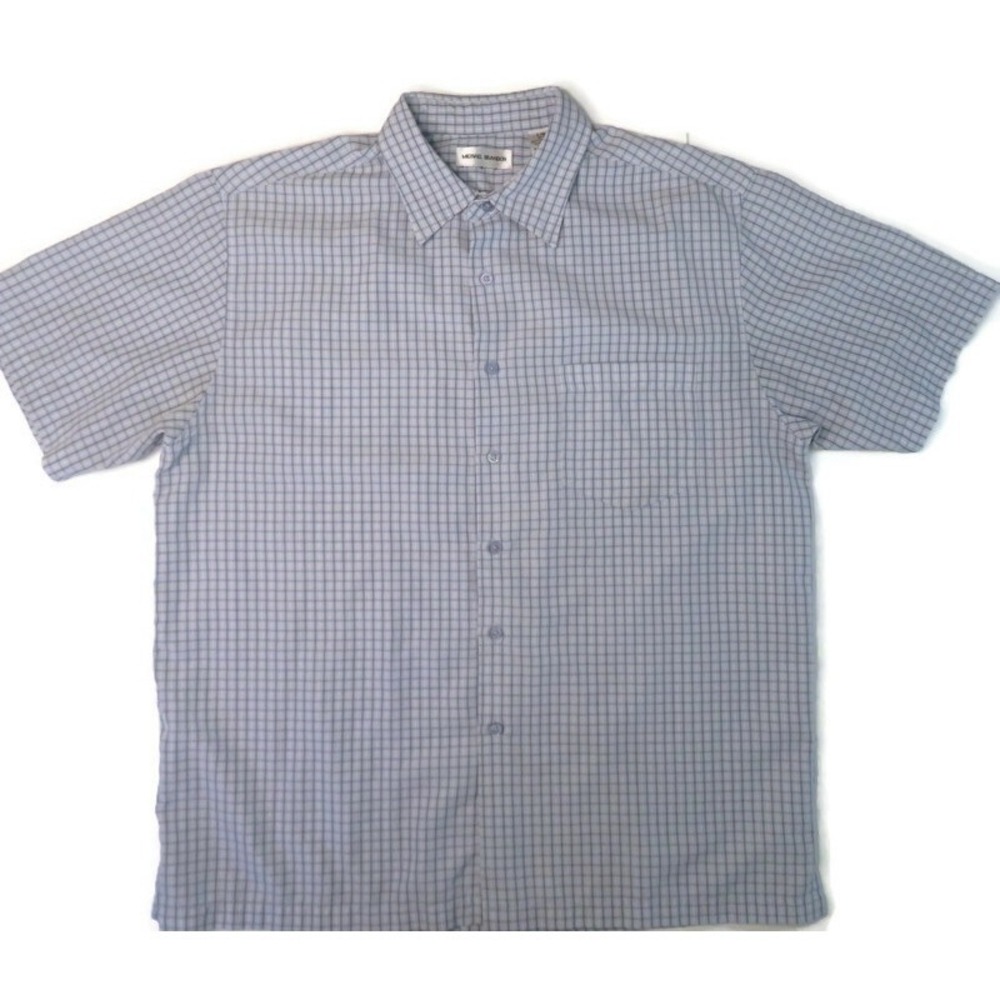 Michael Brandon Button Up Shirt Mens Large‎ 16.5 Blue Plaid Short Sleeve Pocket